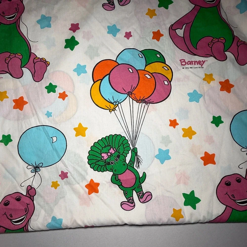 Vtg 93 Barney & Friends Flat Sheets‎ Royalton Baby Bop Balloons Stars Fabric 2pc